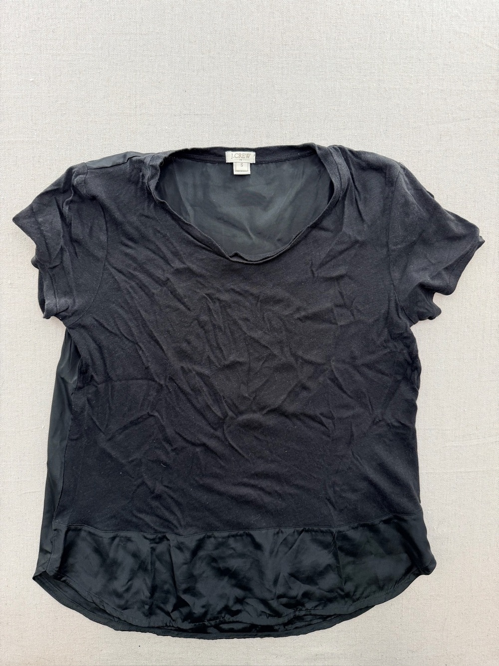 J. Crew Black Short Sleeve Scoop Neck Top with Satin Hem